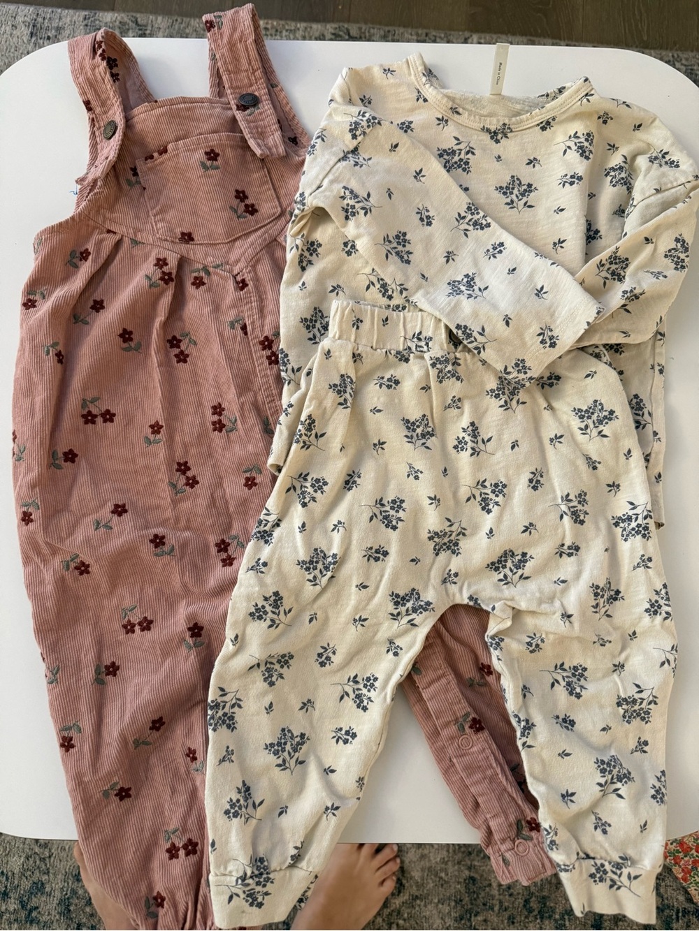 Rylee + Cru Pink Floral Corduroy Overalls and Cream Floral Set